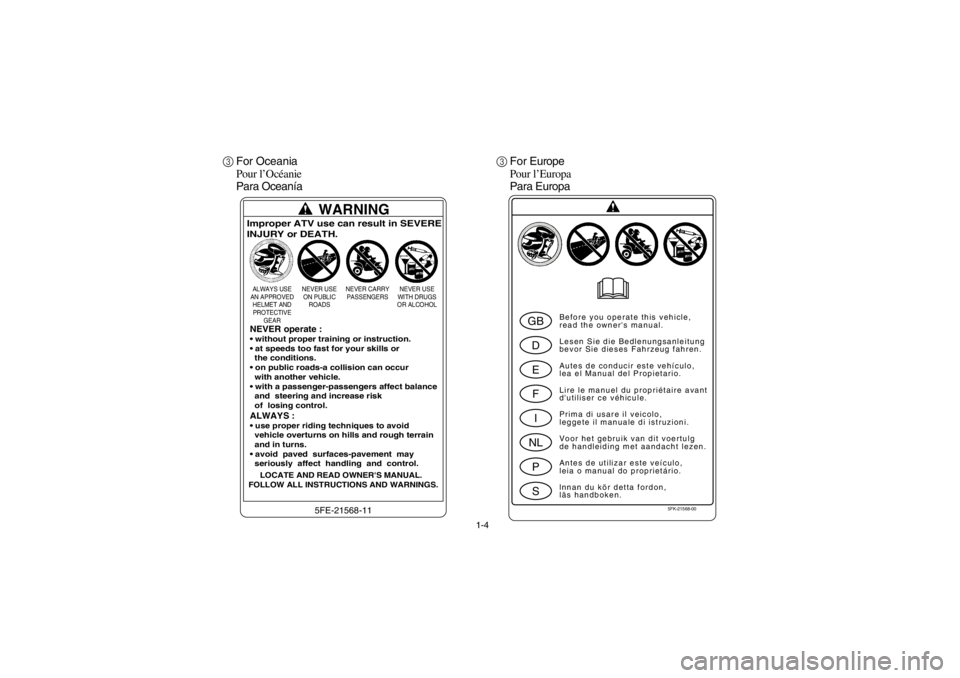 YAMAHA BIG BEAR PRO 400 2003 Notices Demploi (in French) 1-4
3For Oceania
Pour l’Océanie
Para Oceanía3For Europe
Pour l’Europa
Para Europa
WARNING5FE-21568-11
Improper ATV use can result in SEVERE
INJURY or DEATH.ALWAYS USE
AN APPROVED
HELMET AND
PROT YAMAHA BIG BEAR PRO 400 2003 Notices Demploi (in French) 1-4
3For Oceania
Pour l’Océanie
Para Oceanía3For Europe
Pour l’Europa
Para Europa
WARNING5FE-21568-11
Improper ATV use can result in SEVERE
INJURY or DEATH.ALWAYS USE
AN APPROVED
HELMET AND
PROT
