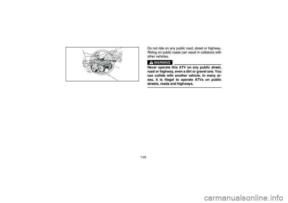 YAMAHA BIG BEAR PRO 400 2003  Manuale de Empleo (in Spanish) 7-29
Do not ride on any public road, street or highway.
Riding on public roads can result in collisions with
other vehicles.
WARNING
_ Never operate this ATV on any public street,
road or highway, eve