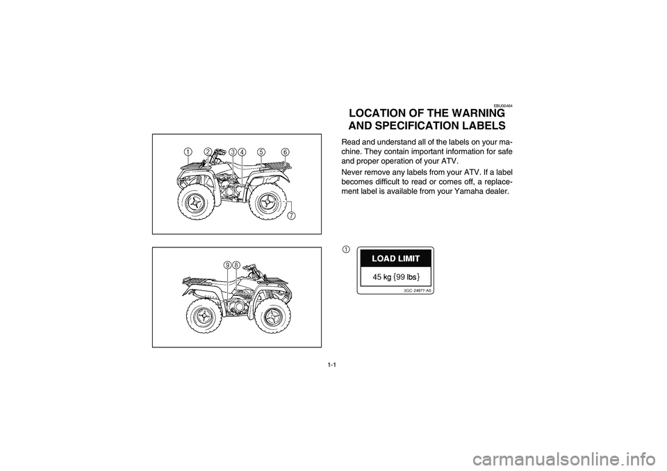 YAMAHA BIG BEAR PRO 400 2003  Manuale de Empleo (in Spanish) 1-1
EBU00464
1-LOCATION OF THE WARNING 
AND SPECIFICATION LABELSRead and understand all of the labels on your ma-
chine. They contain important information for safe
and proper operation of your ATV.
N