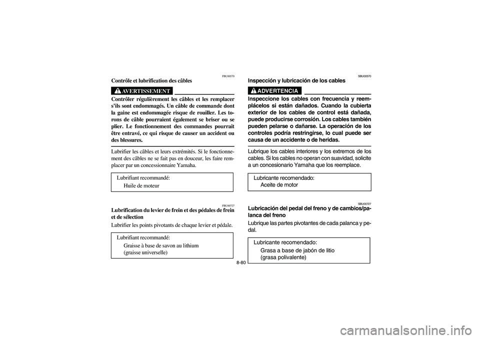 YAMAHA BIG BEAR PRO 400 2003 Manuale de Empleo (in Spanish) 8-80
FBU00570
Contrôle et lubrification des câbles
AVERTISSEMENT
_ Contrôler régulièrement les câbles et les remplacer
s’ils sont endommagés. Un câble de commande dont
la gaine est endommag YAMAHA BIG BEAR PRO 400 2003 Manuale de Empleo (in Spanish) 8-80
FBU00570
Contrôle et lubrification des câbles
AVERTISSEMENT
_ Contrôler régulièrement les câbles et les remplacer
s’ils sont endommagés. Un câble de commande dont
la gaine est endommag