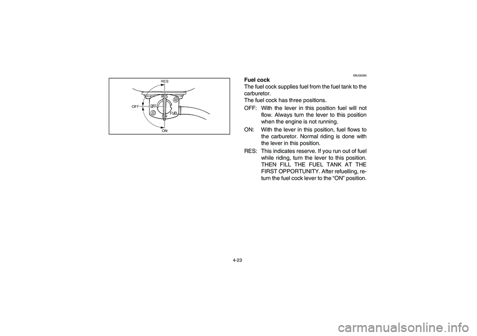 YAMAHA BRUIN 250 2006  Manuale de Empleo (in Spanish) 4-23
EBU00093
Fuel cock
The fuel cock supplies fuel from the fuel tank to the
carburetor.
The fuel cock has three positions.
OFF: With the lever in this position fuel will not
flow. Always turn the le