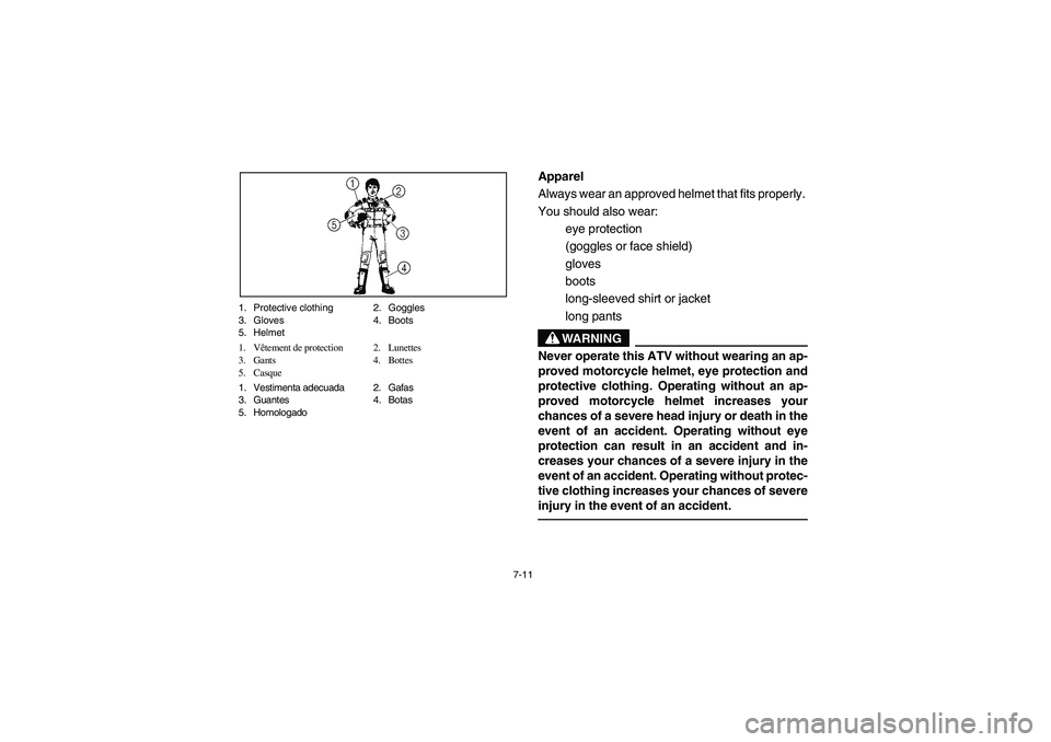 YAMAHA BRUIN 350 2005  Notices Demploi (in French) 7-11 1. Protective clothing 2. Goggles
3. Gloves 4. Boots
5. Helmet
1. Vêtement de protection 2. Lunettes
3. Gants 4. Bottes
5. Casque
1. Vestimenta adecuada 2. Gafas
3. Guantes 4. Botas
5. Homologad