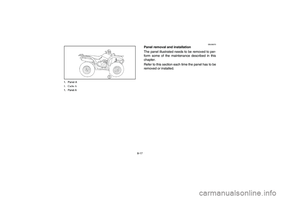 YAMAHA BRUIN 350 2005  Manuale de Empleo (in Spanish) 8-17 1. Panel A
1. Cache A
1. Panel A
EBU08070
Panel removal and installation
The panel illustrated needs to be removed to per-
form some of the maintenance described in this
chapter. 
Refer to this s