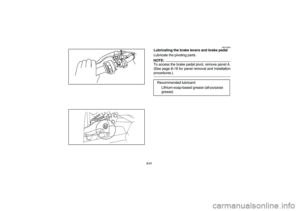 YAMAHA BRUIN 350 2005  Notices Demploi (in French) 8-91
EBU12600
Lubricating the brake levers and brake pedal
Lubricate the pivoting parts.NOTE:_ To access the brake pedal pivot, remove panel A.
(See page 8-19 for panel removal and installation
proced