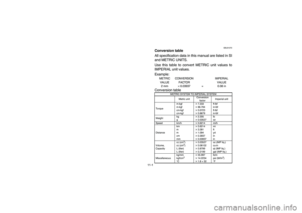 YAMAHA BRUIN 350 2005  Notices Demploi (in French) 11-1
EBU01070
Conversion tableACS-02EAll specification data in this manual are listed in SI
and METRIC UNITS. 
Use this table to convert METRIC unit values to
IMPERIAL unit values.
Example:
METRIC 
VA