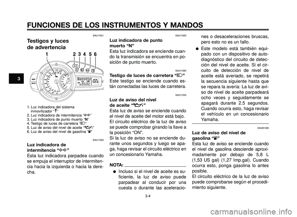 YAMAHA BT1100 2005 Manuale de Empleo (in Spanish) FUNCIONES DE LOS INSTRUMENTOS Y MANDOS
3-4
1
2
3
4
5
6
7
8
9
10
SAU11001
Testigos y luces
de advertencia
1. Luz indicadora del sistema
inmovilizador “ ”
2. Luz indicadora de intermitencia “y” YAMAHA BT1100 2005 Manuale de Empleo (in Spanish) FUNCIONES DE LOS INSTRUMENTOS Y MANDOS
3-4
1
2
3
4
5
6
7
8
9
10
SAU11001
Testigos y luces
de advertencia
1. Luz indicadora del sistema
inmovilizador “ ”
2. Luz indicadora de intermitencia “y”