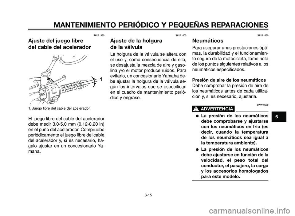 YAMAHA BT1100 2005 Manuale de Empleo (in Spanish) 1
2
3
4
5
6
7
8
9
10
MANTENIMIENTO PERIÓDICO Y PEQUEÑAS REPARACIONES
SAU21380
Ajuste del juego libre
del cable del acelerador
1. Juego libre del cable del acelerador
El juego libre del cable del ace YAMAHA BT1100 2005 Manuale de Empleo (in Spanish) 1
2
3
4
5
6
7
8
9
10
MANTENIMIENTO PERIÓDICO Y PEQUEÑAS REPARACIONES
SAU21380
Ajuste del juego libre
del cable del acelerador
1. Juego libre del cable del acelerador
El juego libre del cable del ace