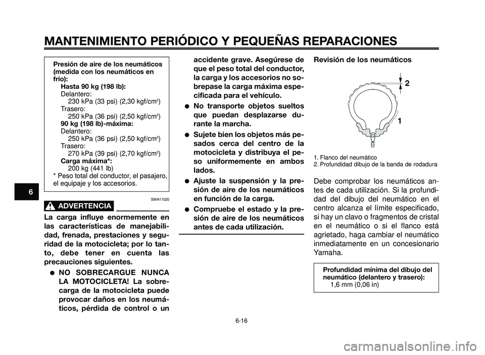YAMAHA BT1100 2005 Manuale de Empleo (in Spanish) MANTENIMIENTO PERIÓDICO Y PEQUEÑAS REPARACIONES
SWA11020
ADVERTENCIA0
La carga influye enormemente en
las características de manejabili-
dad, frenada, prestaciones y segu-
ridad de la motocicleta; YAMAHA BT1100 2005 Manuale de Empleo (in Spanish) MANTENIMIENTO PERIÓDICO Y PEQUEÑAS REPARACIONES
SWA11020
ADVERTENCIA0
La carga influye enormemente en
las características de manejabili-
dad, frenada, prestaciones y segu-
ridad de la motocicleta;