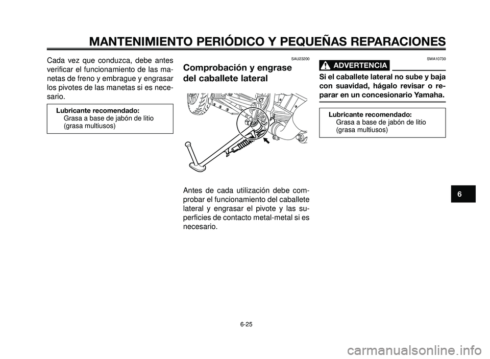 YAMAHA BT1100 2005  Manuale de Empleo (in Spanish) 1
2
3
4
5
6
7
8
9
10
MANTENIMIENTO PERIÓDICO Y PEQUEÑAS REPARACIONES
6-25
SAU23200
Comprobación y engrase
del caballete lateral
Antes de cada utilización debe com-
probar el funcionamiento del cab