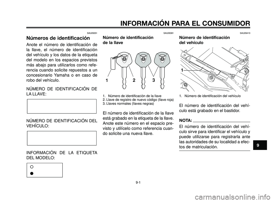 YAMAHA BT1100 2005 Manuale de Empleo (in Spanish) 1
2
3
4
5
6
7
8
9
10
INFORMACIÓN PARA EL CONSUMIDOR
9-1
SAU26351
Números de identificación
Anote el número de identificación de
la llave, el número de identificación
del vehículo y los datos d YAMAHA BT1100 2005 Manuale de Empleo (in Spanish) 1
2
3
4
5
6
7
8
9
10
INFORMACIÓN PARA EL CONSUMIDOR
9-1
SAU26351
Números de identificación
Anote el número de identificación de
la llave, el número de identificación
del vehículo y los datos d