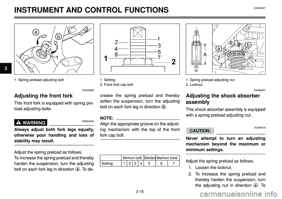 YAMAHA BT1100 2002  Owners Manual INSTRUMENT AND CONTROL FUNCTIONS
1. Spring preload adjusting bolt 1. Setting
2. Front fork cap bolt


 
1. Spring preload adjusting nut
2. Locknut
EAU00285
Adjusting the front fork
This front for