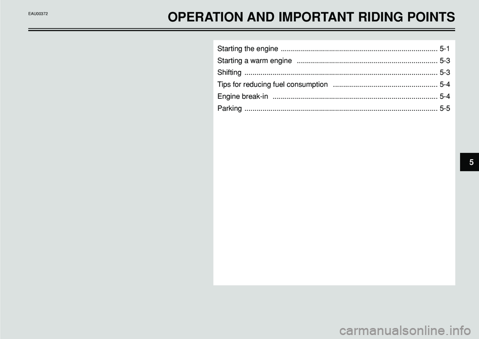 YAMAHA BT1100 2002  Owners Manual 5
Starting the engine  .............................................................................. 5-1
Starting a warm engine  ......................................................................