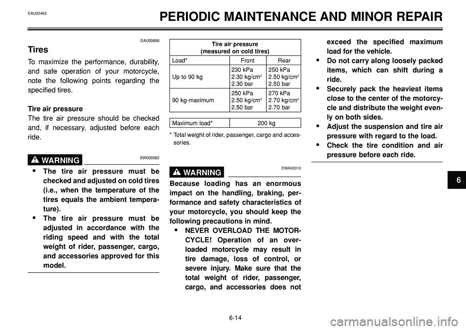 YAMAHA BT1100 2003 Owners Manual EAU00462PERIODIC MAINTENANCE AND MINOR REPAIR
EWA00012WARNING0
Because loading has an enormous
impact on the handling, braking, per-
formance and safety characteristics of
your motorcycle, you should YAMAHA BT1100 2003 Owners Manual EAU00462PERIODIC MAINTENANCE AND MINOR REPAIR
EWA00012WARNING0
Because loading has an enormous
impact on the handling, braking, per-
formance and safety characteristics of
your motorcycle, you should