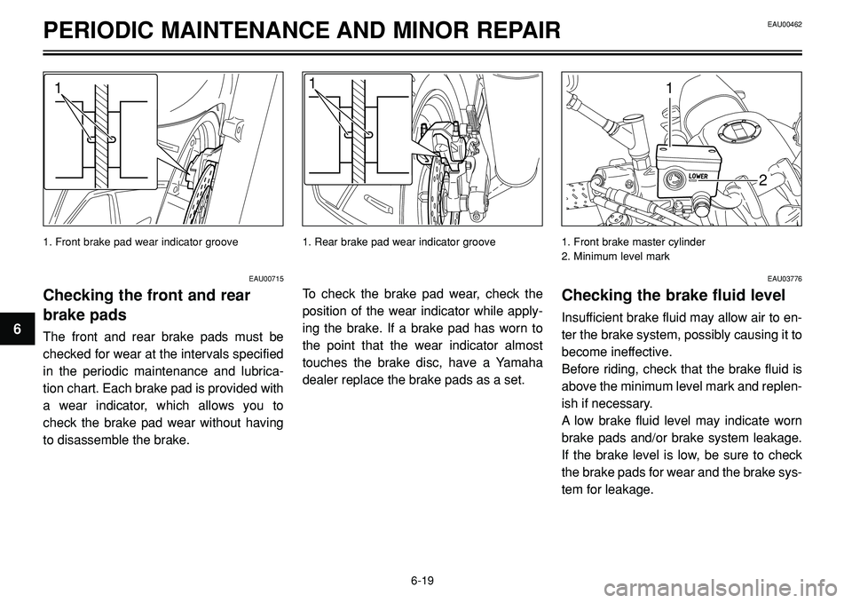 YAMAHA BT1100 2002  Owners Manual 1. Front brake pad wear indicator groove
PERIODIC MAINTENANCE AND MINOR REPAIR
11
2
1
EAU00715
Checking the front and rear
brake pads
The front and rear brake pads must be
checked for wear at the inte