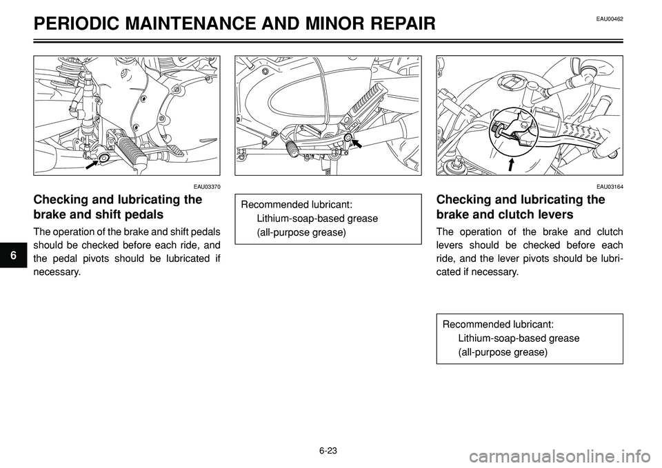 YAMAHA BT1100 2002  Owners Manual PERIODIC MAINTENANCE AND MINOR REPAIR
EAU03370
Checking and lubricating the
brake and shift pedals
The operation of the brake and shift pedals
should be checked before each ride, and
the pedal pivots 