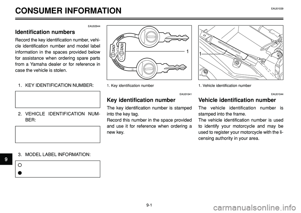 YAMAHA BT1100 2002  Owners Manual 1. Key identification number
CONSUMER INFORMATION
11
EAU02944
Identification numbers
Record the key identification number, vehi-
cle identification number and model label
information in the spaces pro