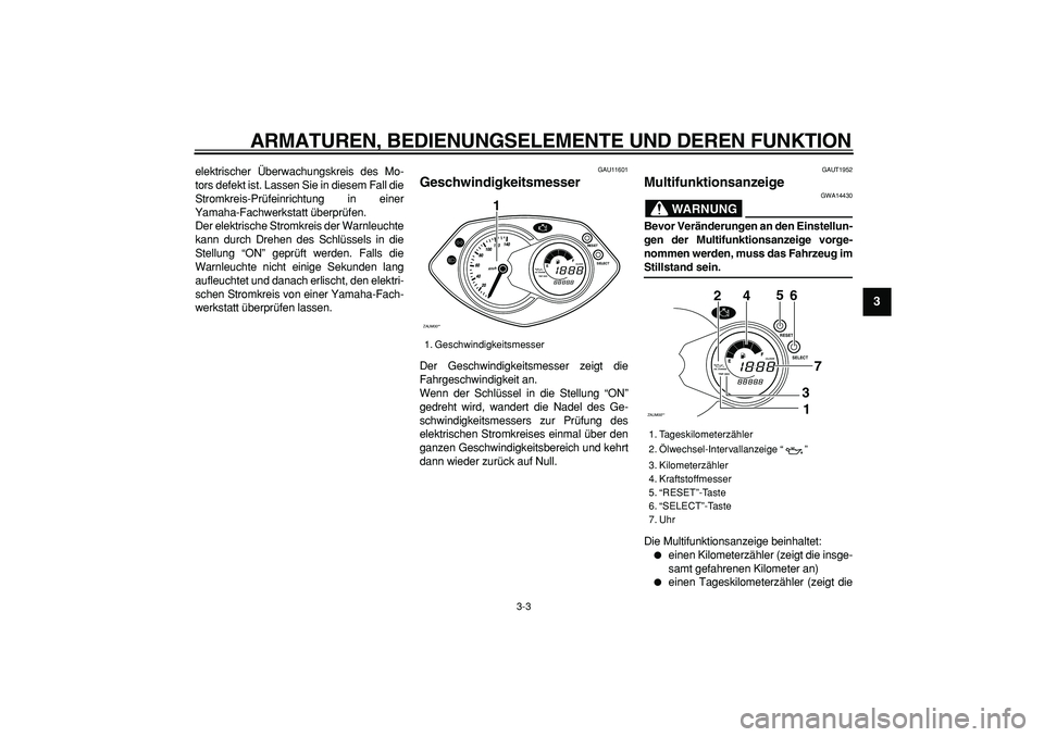 YAMAHA CYGNUS 125 2007 Betriebsanleitungen (in German)
ARMATUREN, BEDIENUNGSELEMENTE UND DEREN FUNKTION
3-3
2
34
5
6
7
8
9
elektrischer Überwachungskreis des Mo-
tors defekt ist. Lassen Sie in diesem Fall die
Stromkreis-Prüfeinrichtung in einer
Ya YAMAHA CYGNUS 125 2007 Betriebsanleitungen (in German)
ARMATUREN, BEDIENUNGSELEMENTE UND DEREN FUNKTION
3-3
2
34
5
6
7
8
9
elektrischer Überwachungskreis des Mo-
tors defekt ist. Lassen Sie in diesem Fall die
Stromkreis-Prüfeinrichtung in einer
Ya