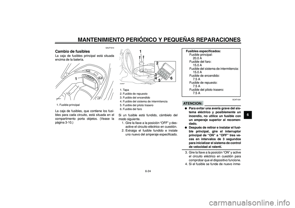 YAMAHA CYGNUS 125 2007 Manuale de Empleo (in Spanish)
MANTENIMIENTO PERIÓDICO Y PEQUEÑAS REPARACIONES
6-24
2
3
4
5
67
8
9
SAUT1914
Cambio de fusibles
La caja de fusibles principal está situada
encima de la batería.
La caja de fusibles, que c YAMAHA CYGNUS 125 2007 Manuale de Empleo (in Spanish)
MANTENIMIENTO PERIÓDICO Y PEQUEÑAS REPARACIONES
6-24
2
3
4
5
67
8
9
SAUT1914
Cambio de fusibles
La caja de fusibles principal está situada
encima de la batería.
La caja de fusibles, que c