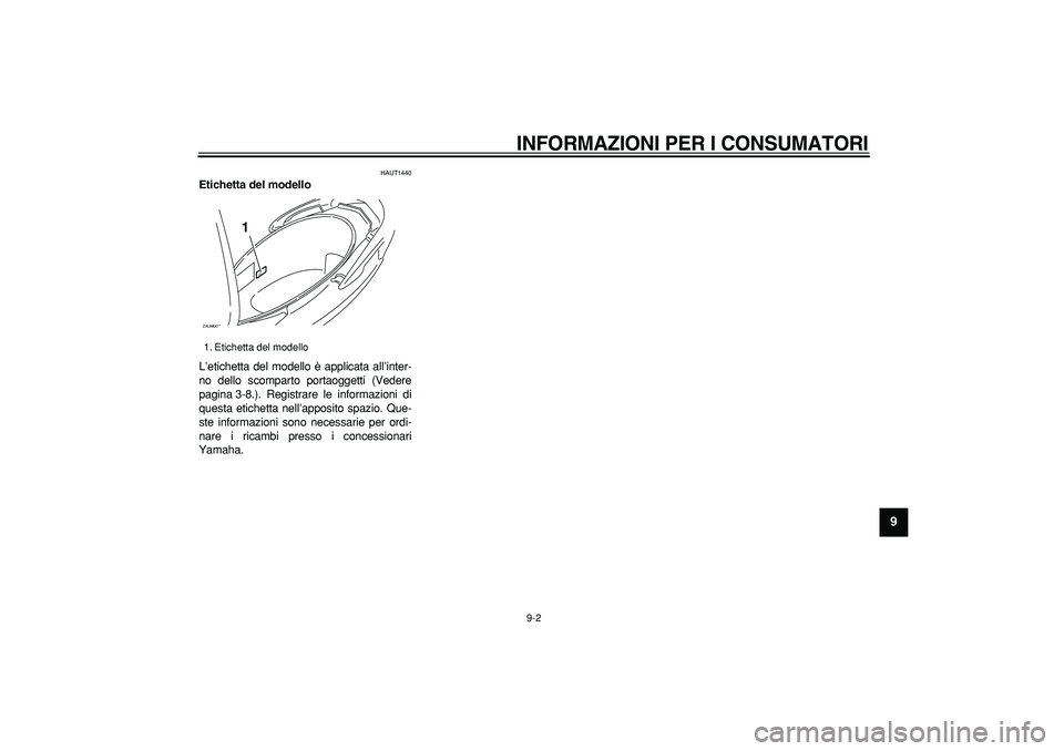 YAMAHA CYGNUS 125 2005  Manuale duso (in Italian)  
INFORMAZIONI PER I CONSUMATORI
 
9-2 
2
3
4
5
6
7
8
9
 
HAUT1440 
Etichetta del modello  
L’etichetta del modello è applicata all’inter-
no dello scomparto portaoggetti (Vedere
pagina 3-8.). Re