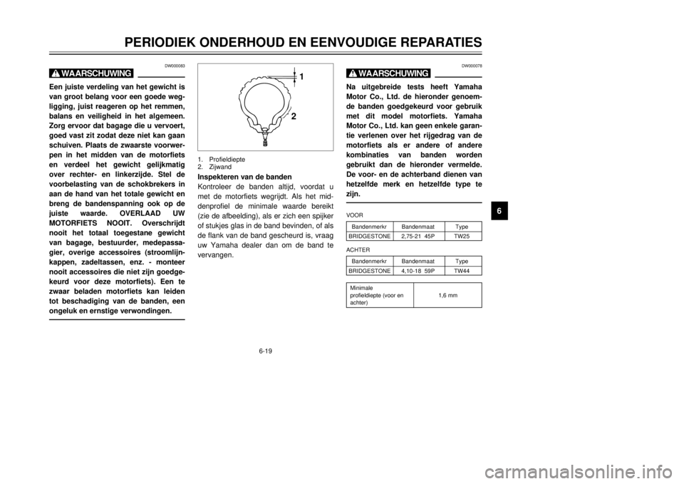 YAMAHA DT125R 2000  Instructieboekje (in Dutch) 6-19
PERIODIEK ONDERHOUD EN EENVOUDIGE REPARATIES
1
2
3
4
56
7
8
9
DW000083
X@Een juiste verdeling van het gewicht is
van groot belang voor een goede weg-
ligging, juist reageren op het remmen,
balans