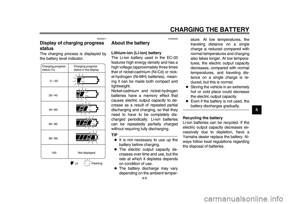 YAMAHA EC-03 2011  Owners Manual CHARGING THE BATTERY
6-9
2
3
4
567
8
9
EAU50411
Display of charging progress 
status The charging process is displayed by
the battery level indicator.
EAU50425
About the battery Lithium-ion (Li-ion) b