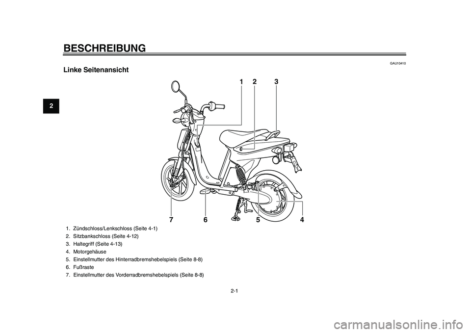 YAMAHA EC-03 2011  Betriebsanleitungen (in German) 2-1
12
BESCHREIBUNG 
GAU10410
Linke Seitenansicht
12
54 73
6
1. Zündschloss/Lenkschloss (Seite 4-1)
2. Sitzbankschloss (Seite 4-12)
3. Haltegriff (Seite 4-13)
4. Motorgehäuse
5. Einstellmutter des H