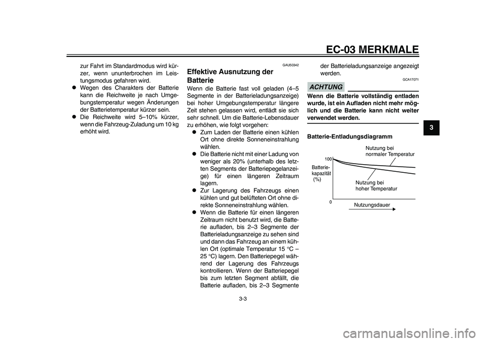 YAMAHA EC-03 2011 Betriebsanleitungen (in German) EC-03 MERKMALE
3-3
234
5
6
7
8
9
zur Fahrt im Standardmodus wird kür-
zer, wenn ununterbrochen im Leis-
tungsmodus gefahren wird.
Wegen des Charakters der Batterie
kann die Reichweite je nach Umg YAMAHA EC-03 2011 Betriebsanleitungen (in German) EC-03 MERKMALE
3-3
234
5
6
7
8
9
zur Fahrt im Standardmodus wird kür-
zer, wenn ununterbrochen im Leis-
tungsmodus gefahren wird.
Wegen des Charakters der Batterie
kann die Reichweite je nach Umg