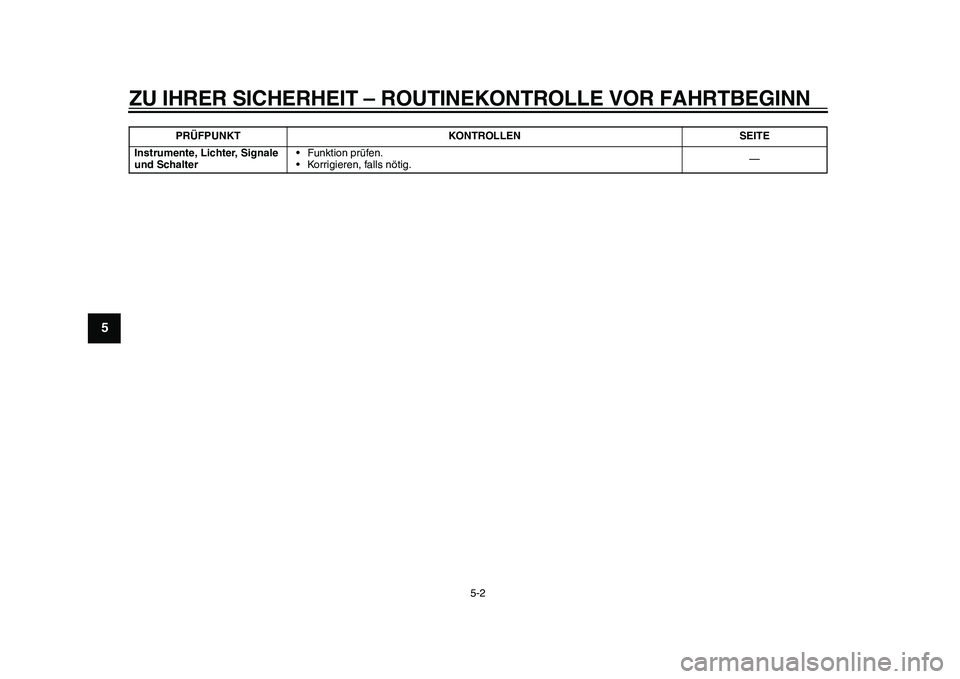YAMAHA EC-03 2011  Betriebsanleitungen (in German) ZU IHRER SICHERHEIT – ROUTINEKONTROLLE VOR FAHRTBEGINN
5-2
1
2
3
45
6
7
8
9
Instrumente, Lichter, Signale 
und Schalter• Funktion prüfen.
• Korrigieren, falls nötig.— PRÜFPUNKT KONTROLLEN S