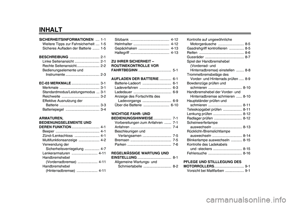 YAMAHA EC-03 2011 Betriebsanleitungen (in German) INHALTSICHERHEITSINFORMATIONEN .... 1-1
Weitere Tipps zur Fahrsicherheit .... 1-5
Sicheres Aufladen der Batterie ....... 1-5
BESCHREIBUNG .............................. 2-1
Linke Seitenansicht .. YAMAHA EC-03 2011 Betriebsanleitungen (in German) INHALTSICHERHEITSINFORMATIONEN .... 1-1
Weitere Tipps zur Fahrsicherheit .... 1-5
Sicheres Aufladen der Batterie ....... 1-5
BESCHREIBUNG .............................. 2-1
Linke Seitenansicht ..