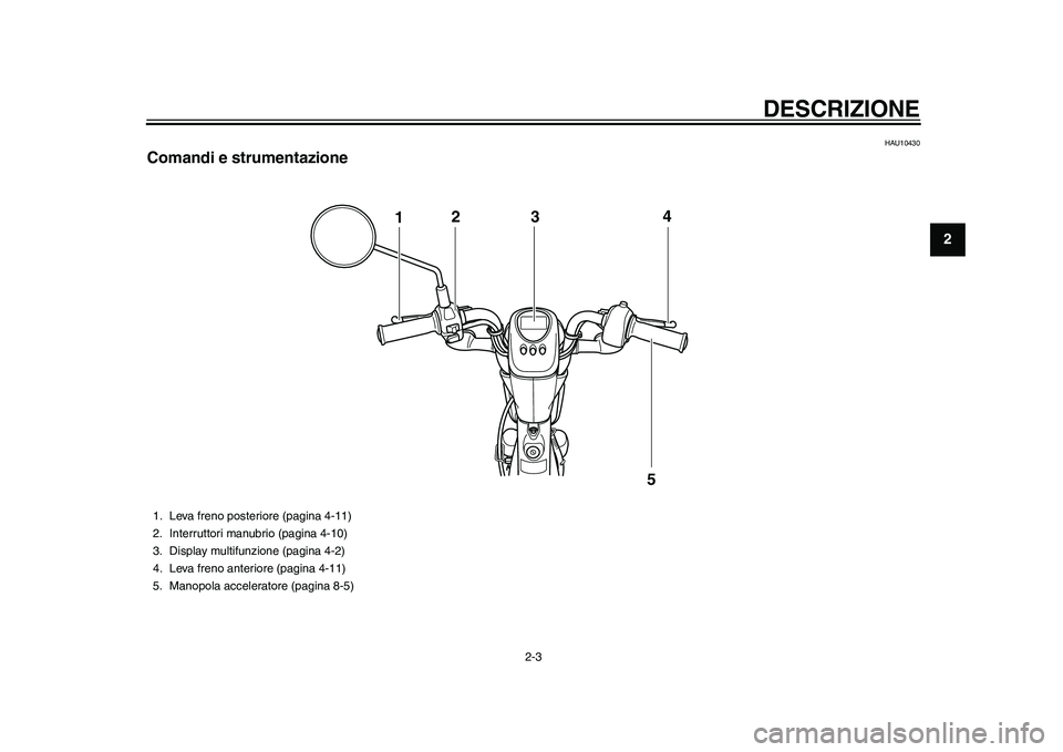YAMAHA EC-03 2011  Manuale duso (in Italian) DESCRIZIONE
2-3
23
4
5
6
7
8
9
HAU10430
Comandi e strumentazione
124
5
3
1. Leva freno posteriore (pagina 4-11)
2. Interruttori manubrio (pagina 4-10)
3. Display multifunzione (pagina 4-2)
4. Leva fre