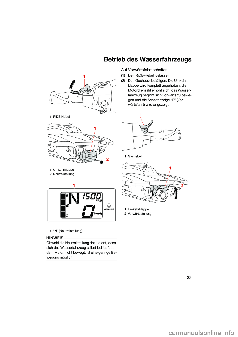 YAMAHA EX DELUXE 2022  Betriebsanleitungen (in German) Betrieb des Wasserfahrzeugs
32
HINWEIS
Obwohl die Neutralstellung dazu dient, dass 
sich das Wasserfahrzeug selbst bei laufen-
dem Motor nicht bewegt, ist eine geringe Be-
wegung möglich.
Auf Vorwär