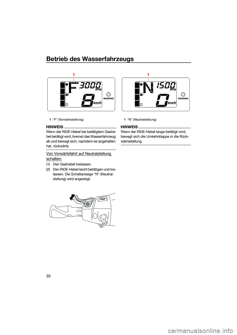 YAMAHA EX DELUXE 2022  Betriebsanleitungen (in German) Betrieb des Wasserfahrzeugs
33
HINWEIS
Wenn der RiDE-Hebel bei betätigtem Gashe-
bel betätigt wird, bremst das Wasserfahrzeug 
ab und bewegt sich, nachdem es angehalten 
hat, rückwärts.
Von Vorwä