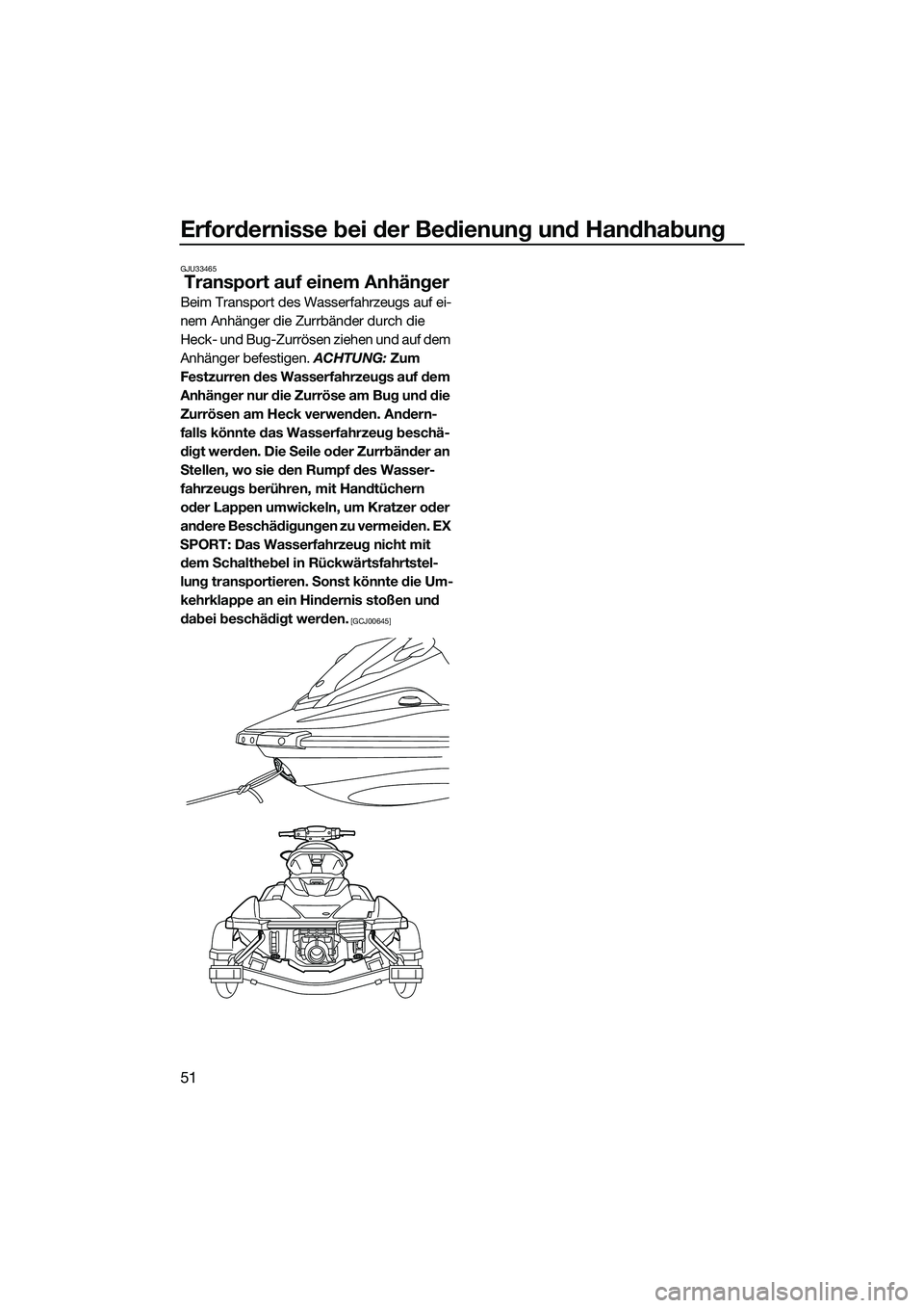 YAMAHA EX DELUXE 2022  Betriebsanleitungen (in German) Erfordernisse bei der Bedienung und Handhabung
51
GJU33465
Transport auf einem Anhänger
Beim Transport des Wasserfahrzeugs auf ei-
nem Anhänger die Zurrbänder durch die 
Heck- und Bug-Zurrösen zie