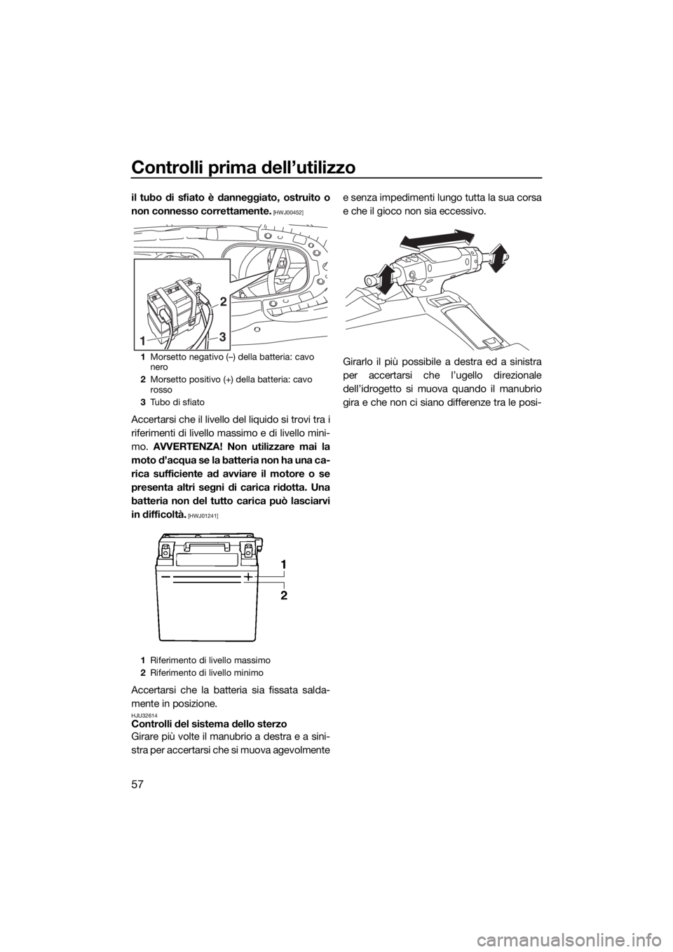 YAMAHA EX 2018  Manuale duso (in Italian) Controlli prima dell’utilizzo
57
il tubo di sfiato è danneggiato, ostruito o
non connesso correttamente.
 [HWJ00452]
Accertarsi che il livello del liquido si trovi tra i
riferimenti di livello mass