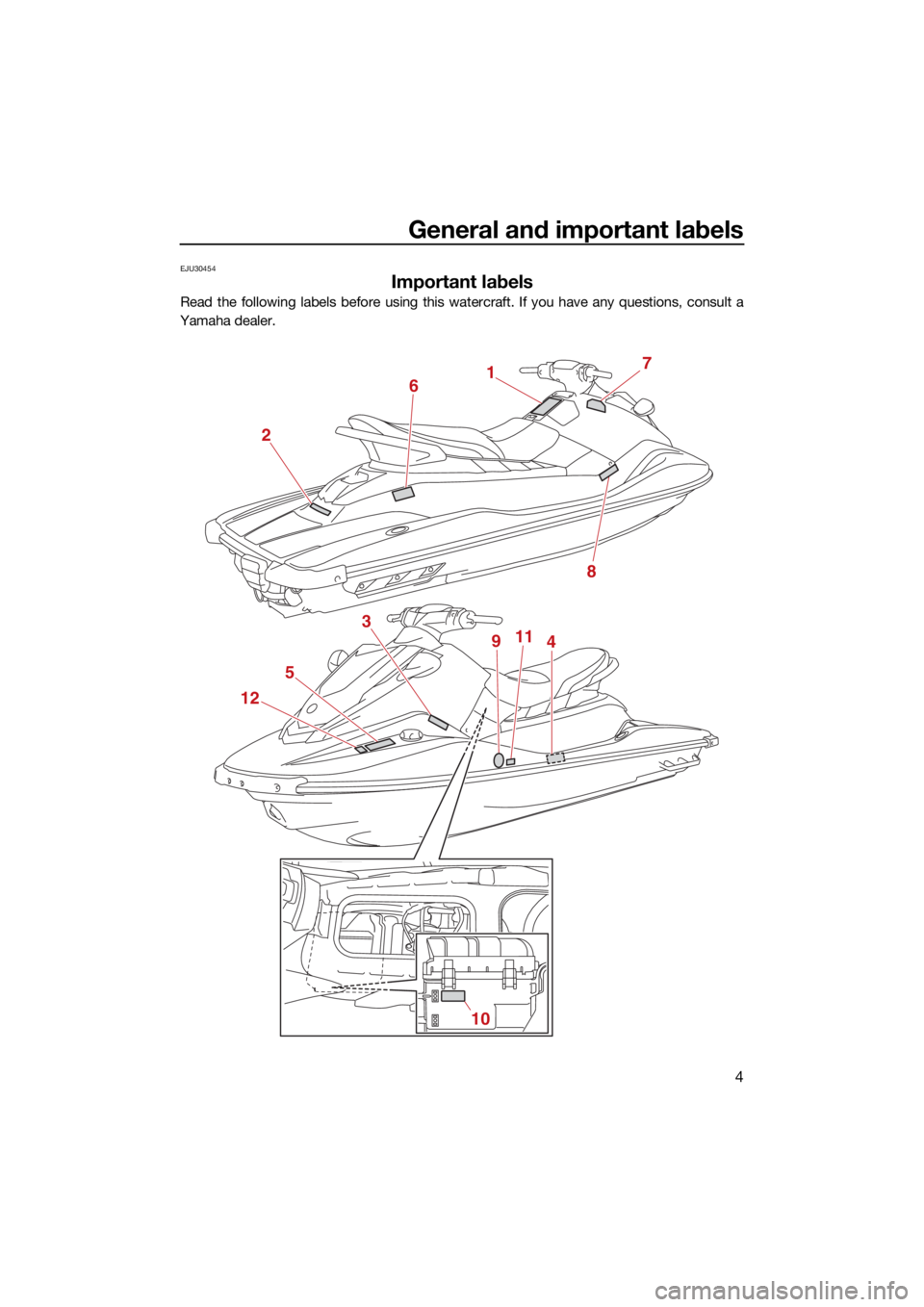 YAMAHA EX DELUXE 2021  Owners Manual General and important labels
4
EJU30454
Important labels
Read the following labels before using this watercraft. If you have any questions, consult a
Yamaha dealer.
17
8
2
6
5
12 3
9
114
10
UF3Y74E0.b