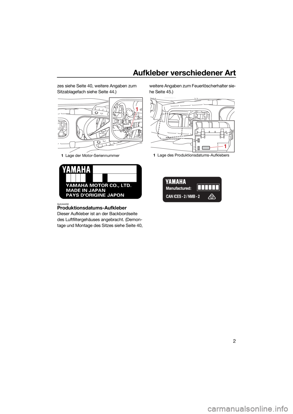 YAMAHA FJR1300 2021  Betriebsanleitungen (in German) Aufkleber verschiedener Art
2
zes siehe Seite 40, weitere Angaben zum 
Sitzablagefach siehe Seite 44.)
GJU44450Produktionsdatums-Aufkleber
Dieser Aufkleber ist an der Backbordseite 
des Luftfiltergeh