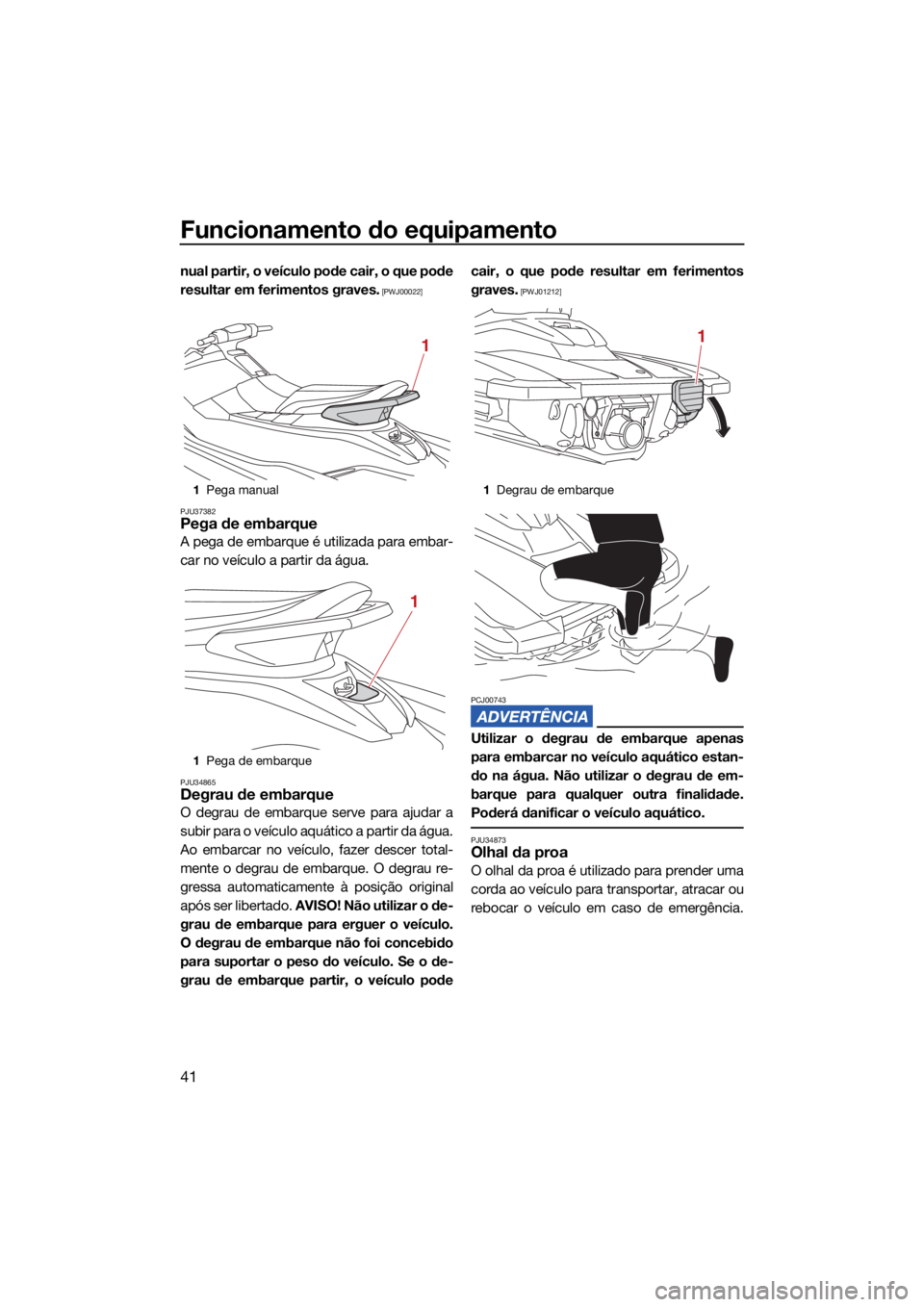 YAMAHA EXR 2021  Manual de utilização (in Portuguese) Funcionamento do equipamento
41
nual partir, o veículo pode cair, o que pode
resultar em ferimentos graves.
 [PWJ00022]
PJU37382
Pega de embarque
A pega de embarque é utilizada para embar-
car no ve