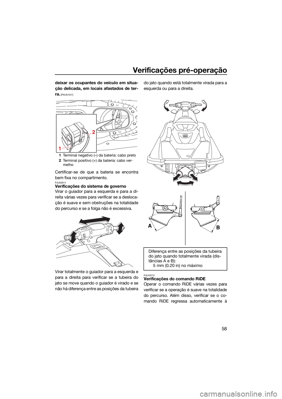 YAMAHA EXR 2021  Manual de utilização (in Portuguese) Verificações pré-operação
58
deixar os ocupantes do veículo em situa-
ção delicada, em locais afastados de ter-
ra.
 [PWJ01241]
Certificar-se de que a bateria se encontra
bem fixa no compartim