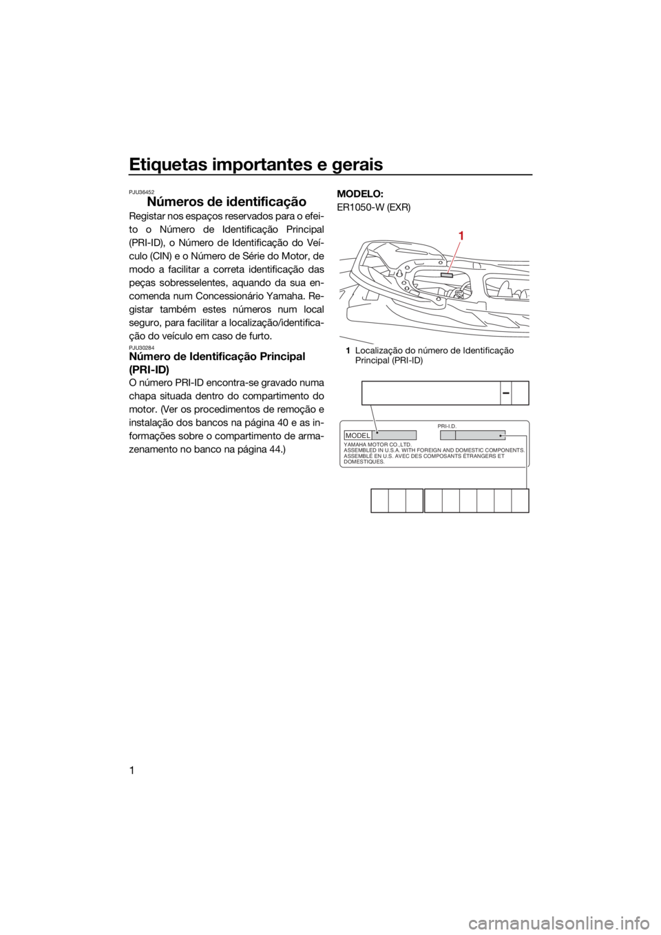YAMAHA FJR1300 2021 Manual de utilização (in Portuguese) Etiquetas importantes e gerais
1
PJU36452
Números de identificação
Registar nos espaços reservados para o efei-
to o Número de Identificação Principal
(PRI-ID), o Número de Identificação do YAMAHA FJR1300 2021 Manual de utilização (in Portuguese) Etiquetas importantes e gerais
1
PJU36452
Números de identificação
Registar nos espaços reservados para o efei-
to o Número de Identificação Principal
(PRI-ID), o Número de Identificação do