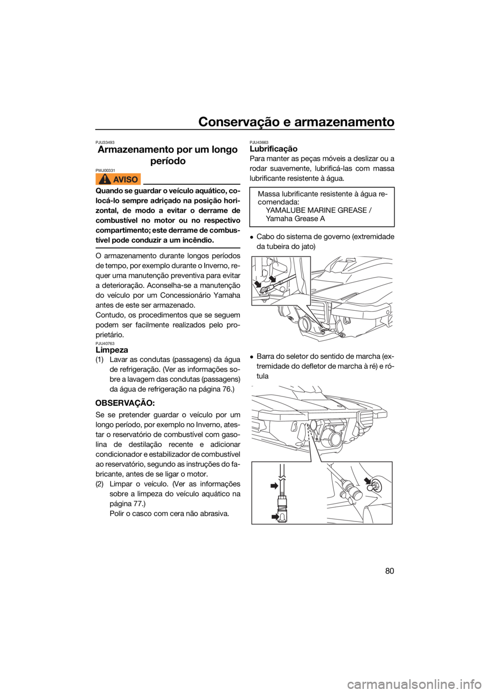 YAMAHA EXR 2021 Manual de utilização (in Portuguese) Conservação e armazenamento
80
PJU33493
Armazenamento por um longo período
PWJ00331
Quando se guardar o veículo aquático, co-
locá-lo sempre adriçado na posição hori-
zontal, de modo a evitar YAMAHA EXR 2021 Manual de utilização (in Portuguese) Conservação e armazenamento
80
PJU33493
Armazenamento por um longo período
PWJ00331
Quando se guardar o veículo aquático, co-
locá-lo sempre adriçado na posição hori-
zontal, de modo a evitar