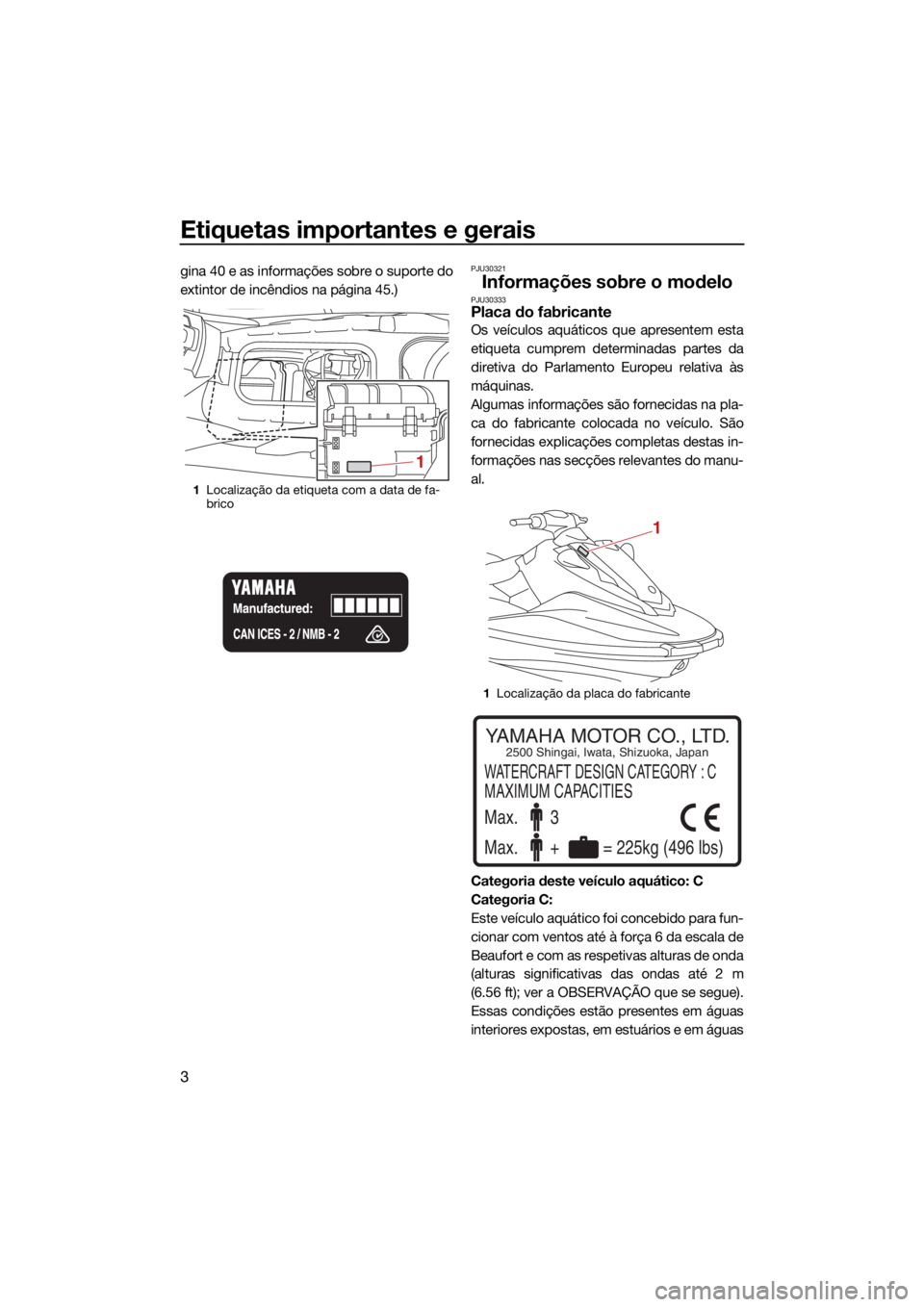 YAMAHA EXR 2021 Manual de utilização (in Portuguese) Etiquetas importantes e gerais
3
gina 40 e as informações sobre o suporte do
extintor de incêndios na página 45.)PJU30321
Informações sobre o modeloPJU30333Placa do fabricante
Os veículos aquá YAMAHA EXR 2021 Manual de utilização (in Portuguese) Etiquetas importantes e gerais
3
gina 40 e as informações sobre o suporte do
extintor de incêndios na página 45.)PJU30321
Informações sobre o modeloPJU30333Placa do fabricante
Os veículos aquá