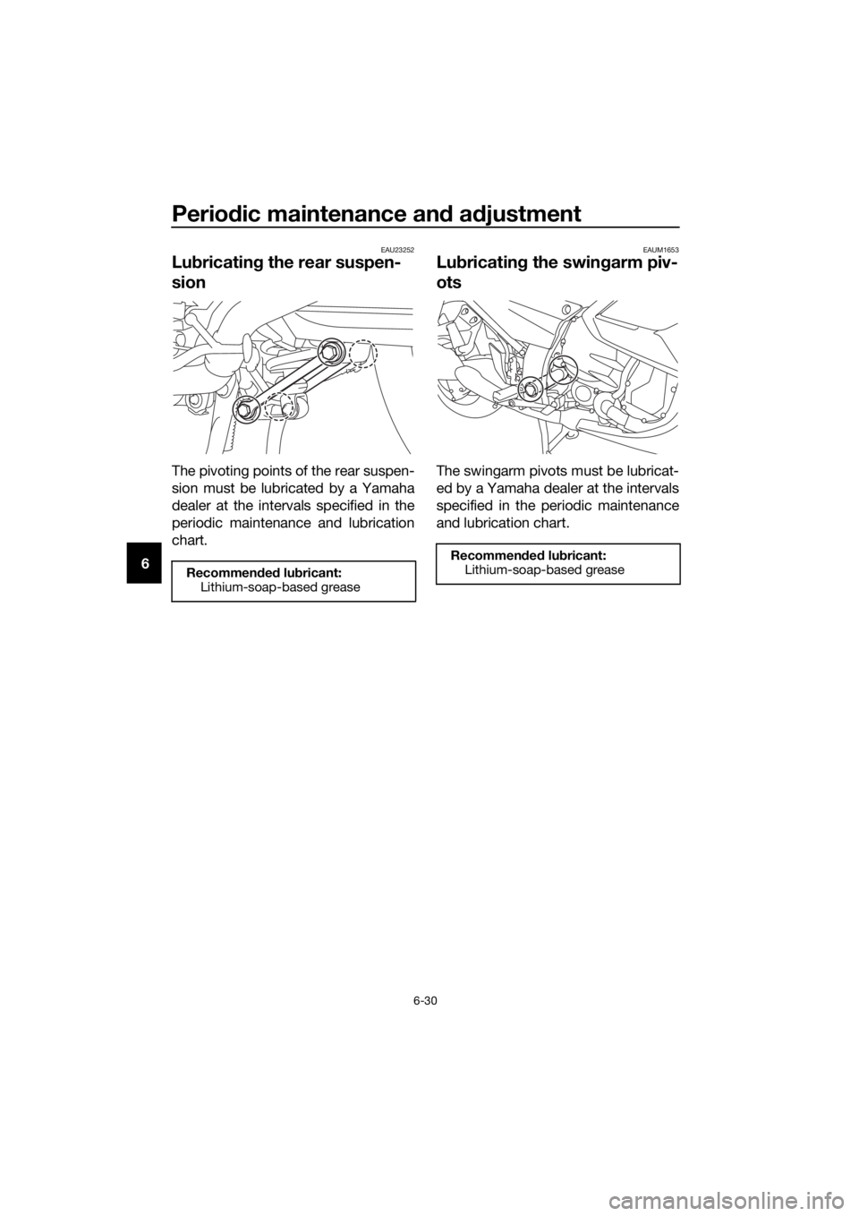 YAMAHA FJR1300A 2016  Owners Manual Periodic maintenance an d a djustment
6-30
6
EAU23252
Lub ricatin g the rear suspen-
sion
The pivoting points of the rear suspen-
sion must be lubricated by a Yamaha
dealer at the intervals specified 