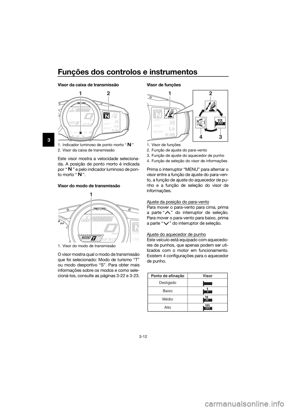 YAMAHA FJR1300A 2016 Manual de utilização (in Portuguese) Funções dos controlos e instrumentos
3-12
3
Visor da caixa d e transmissão
Este visor mostra a velocidade seleciona-
da. A posição de ponto morto é indicada
por “ ” e pelo indicador luminos YAMAHA FJR1300A 2016 Manual de utilização (in Portuguese) Funções dos controlos e instrumentos
3-12
3
Visor da caixa d e transmissão
Este visor mostra a velocidade seleciona-
da. A posição de ponto morto é indicada
por “ ” e pelo indicador luminos