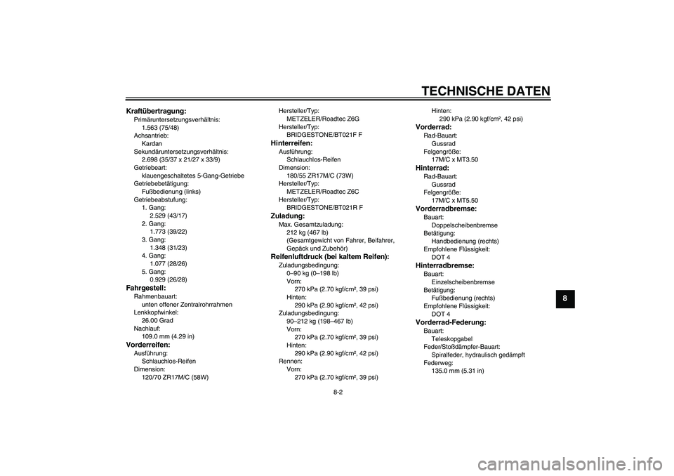 YAMAHA FJR1300A 2011 Betriebsanleitungen (in German) TECHNISCHE DATEN
8-2
8
Kraftübertragung:Primäruntersetzungsverhältnis:
1.563 (75/48)
Achsantrieb:
Kardan
Sekundäruntersetzungsverhältnis:
2.698 (35/37 x 21/27 x 33/9)
Getriebeart:
klauengeschalte YAMAHA FJR1300A 2011 Betriebsanleitungen (in German) TECHNISCHE DATEN
8-2
8
Kraftübertragung:Primäruntersetzungsverhältnis:
1.563 (75/48)
Achsantrieb:
Kardan
Sekundäruntersetzungsverhältnis:
2.698 (35/37 x 21/27 x 33/9)
Getriebeart:
klauengeschalte