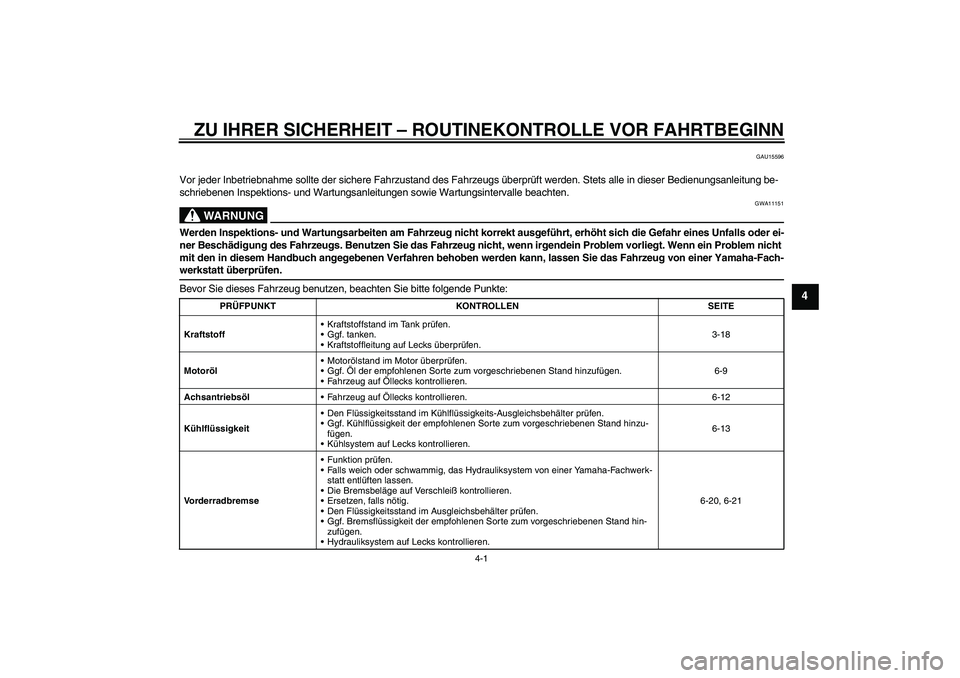 YAMAHA FJR1300A 2009 Betriebsanleitungen (in German) ZU IHRER SICHERHEIT – ROUTINEKONTROLLE VOR FAHRTBEGINN
4-1
4
GAU15596
Vor jeder Inbetriebnahme sollte der sichere Fahrzustand des Fahrzeugs überprüft werden. Stets alle in dieser Bedienungsanleitu YAMAHA FJR1300A 2009 Betriebsanleitungen (in German) ZU IHRER SICHERHEIT – ROUTINEKONTROLLE VOR FAHRTBEGINN
4-1
4
GAU15596
Vor jeder Inbetriebnahme sollte der sichere Fahrzustand des Fahrzeugs überprüft werden. Stets alle in dieser Bedienungsanleitu