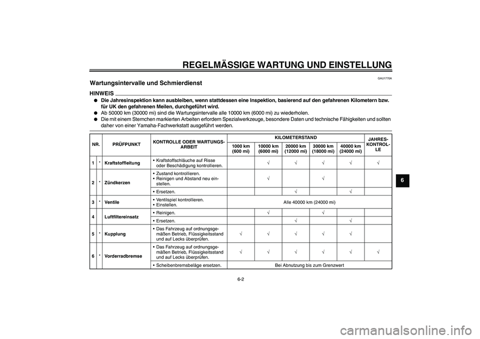 YAMAHA FJR1300A 2009 Betriebsanleitungen (in German) REGELMÄSSIGE WARTUNG UND EINSTELLUNG
6-2
6
GAU1770A
Wartungsintervalle und Schmierdienst HINWEIS
Die Jahresinspektion kann ausbleiben, wenn stattdessen eine Inspektion, basierend auf den gefahrenen YAMAHA FJR1300A 2009 Betriebsanleitungen (in German) REGELMÄSSIGE WARTUNG UND EINSTELLUNG
6-2
6
GAU1770A
Wartungsintervalle und Schmierdienst HINWEIS
Die Jahresinspektion kann ausbleiben, wenn stattdessen eine Inspektion, basierend auf den gefahrenen