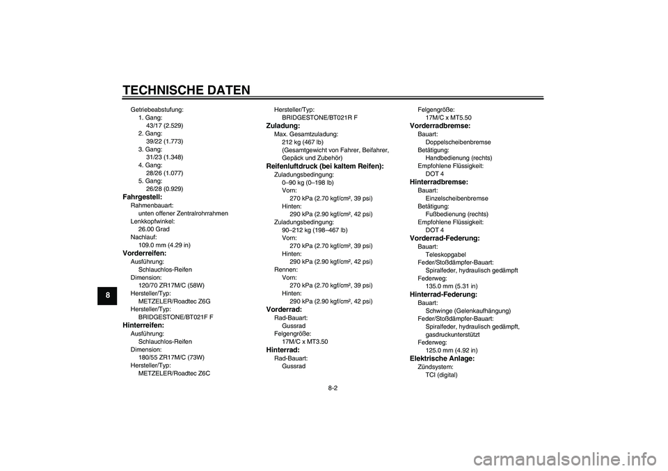YAMAHA FJR1300A 2009 Betriebsanleitungen (in German) TECHNISCHE DATEN
8-2
8
Getriebeabstufung:
1. Gang:
43/17 (2.529)
2. Gang:
39/22 (1.773)
3. Gang:
31/23 (1.348)
4. Gang:
28/26 (1.077)
5. Gang:
26/28 (0.929)Fahrgestell:Rahmenbauart:
unten offener Zent YAMAHA FJR1300A 2009 Betriebsanleitungen (in German) TECHNISCHE DATEN
8-2
8
Getriebeabstufung:
1. Gang:
43/17 (2.529)
2. Gang:
39/22 (1.773)
3. Gang:
31/23 (1.348)
4. Gang:
28/26 (1.077)
5. Gang:
26/28 (0.929)Fahrgestell:Rahmenbauart:
unten offener Zent