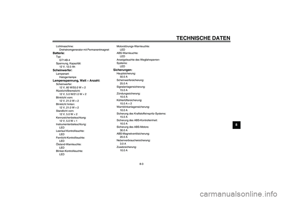 YAMAHA FJR1300A 2009 Betriebsanleitungen (in German) TECHNISCHE DATEN
8-3
8
Lichtmaschine:
Drehstromgenerator mit PermanentmagnetBatterie:Typ:
GT14B-4
Spannung, Kapazität:
12 V, 12.0 AhScheinwerfer:Lampenart:
HalogenlampeLampenspannung, Watt × Anzahl: YAMAHA FJR1300A 2009 Betriebsanleitungen (in German) TECHNISCHE DATEN
8-3
8
Lichtmaschine:
Drehstromgenerator mit PermanentmagnetBatterie:Typ:
GT14B-4
Spannung, Kapazität:
12 V, 12.0 AhScheinwerfer:Lampenart:
HalogenlampeLampenspannung, Watt × Anzahl: