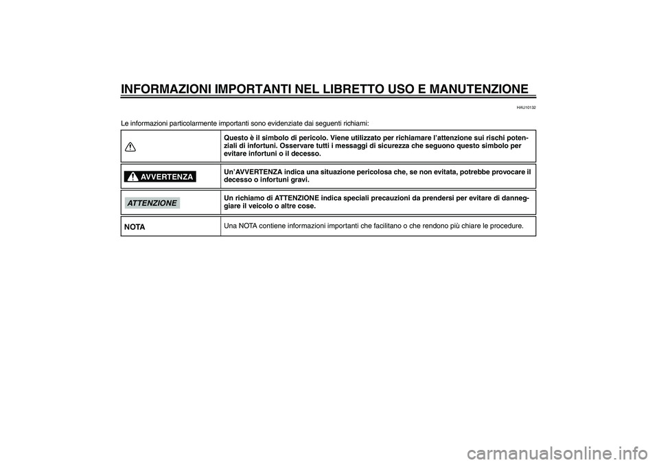 YAMAHA FJR1300A 2009  Manuale duso (in Italian) INFORMAZIONI IMPORTANTI NEL LIBRETTO USO E MANUTENZIONE
HAU10132
Le informazioni particolarmente importanti sono evidenziate dai seguenti richiami:
Questo è il simbolo di pericolo. Viene utilizzato p