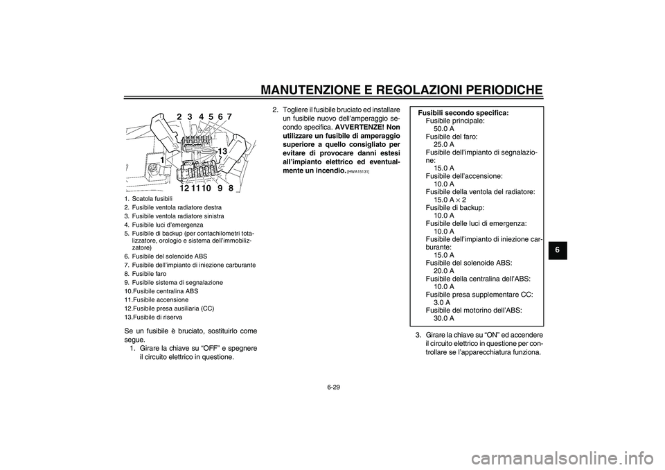 YAMAHA FJR1300A 2009  Manuale duso (in Italian) MANUTENZIONE E REGOLAZIONI PERIODICHE
6-29
6
Se un fusibile è bruciato, sostituirlo come
segue.
1. Girare la chiave su “OFF” e spegnere
il circuito elettrico in questione.2. Togliere il fusibile 